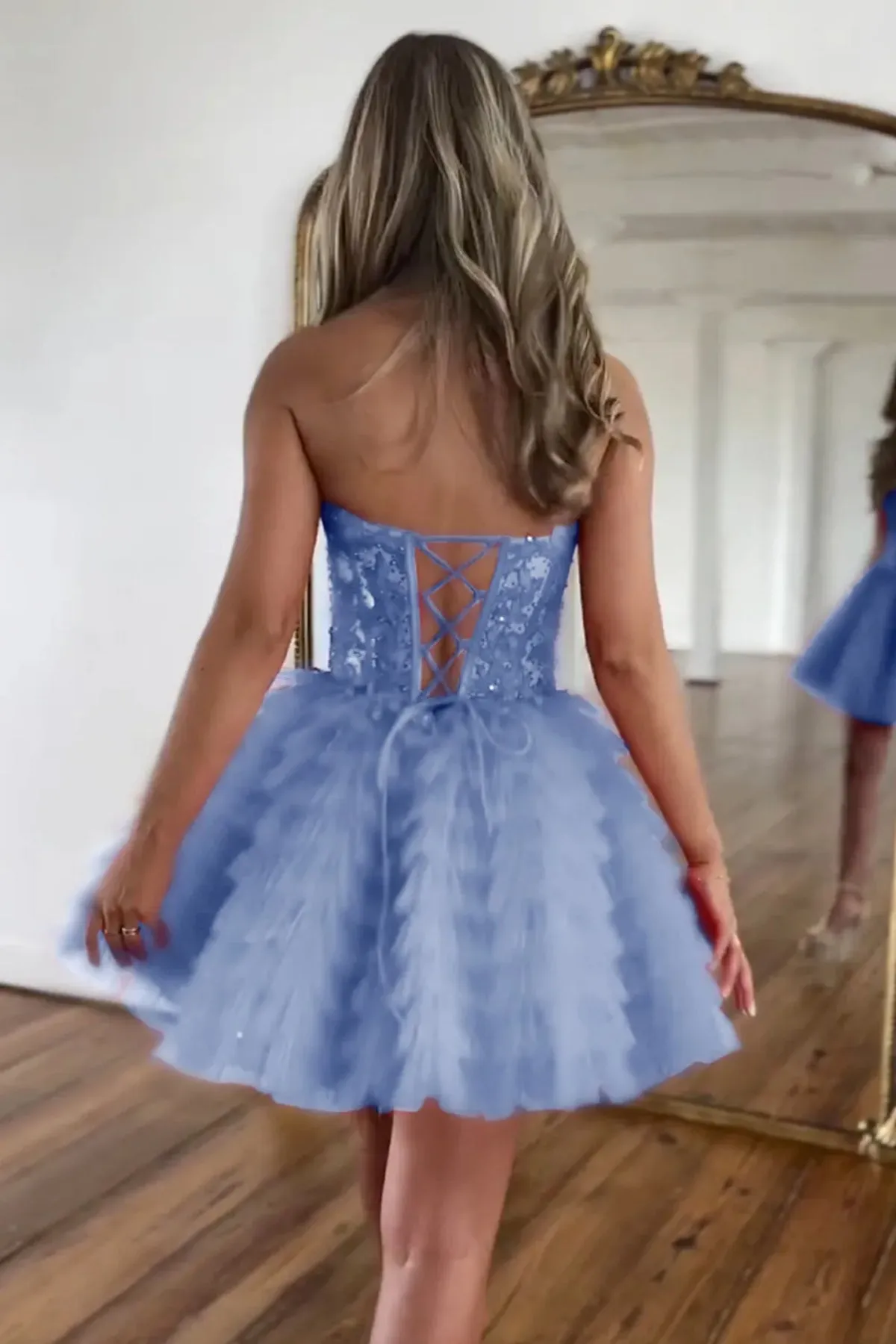 Princess Strapless Pink/Blue Lace Short Prom Dress, Pink/Blue Lace Homecoming Dress, Ruffle Pink/Blue Formal Graduation Evening Dress A2195