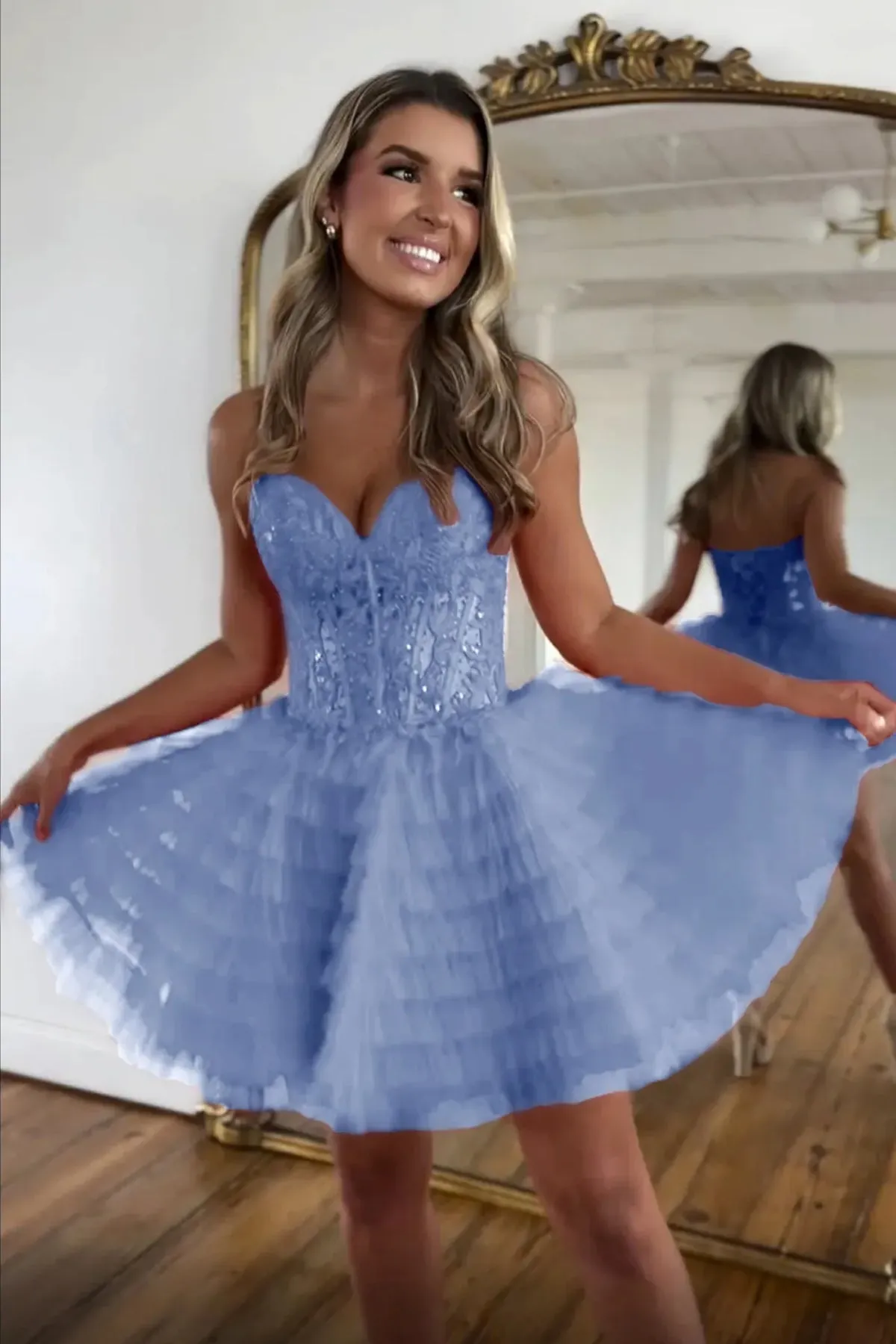 Princess Strapless Pink/Blue Lace Short Prom Dress, Pink/Blue Lace Homecoming Dress, Ruffle Pink/Blue Formal Graduation Evening Dress A2195