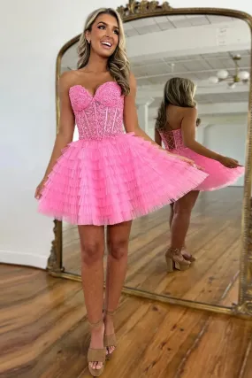 Princess Strapless Pink/Blue Lace Short Prom Dress, Pink/Blue Lace Homecoming Dress, Ruffle Pink/Blue Formal Graduation Evening Dress A2195