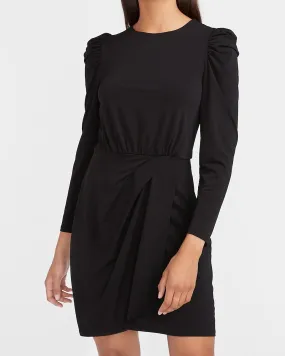 Puff Sleeve Wrap Front Sheath Dress in Pitch Black