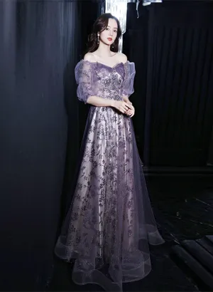 Purple A-line Tulle Long Party Dress, Purple Lace Short Sleeves Formal Dress