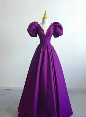 Purple Satin Short Sleeves V-neckline Prom Dress, Purple Satin Evening Dress