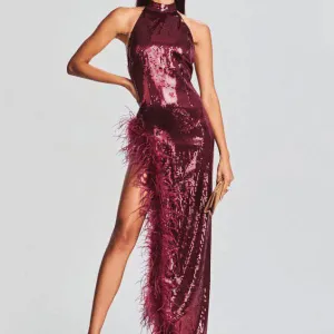 Queenie Halter Neck Feather Sequin Slits Dress