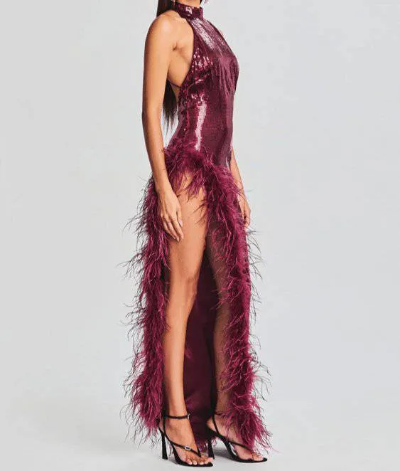 Queenie Halter Neck Feather Sequin Slits Dress