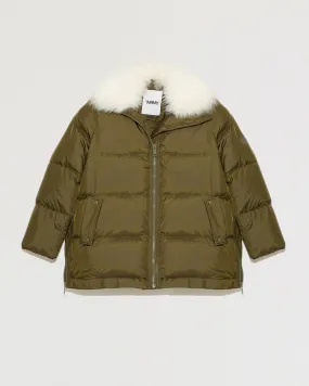 "A" line down jacket with lambskin collar in vaporous wool