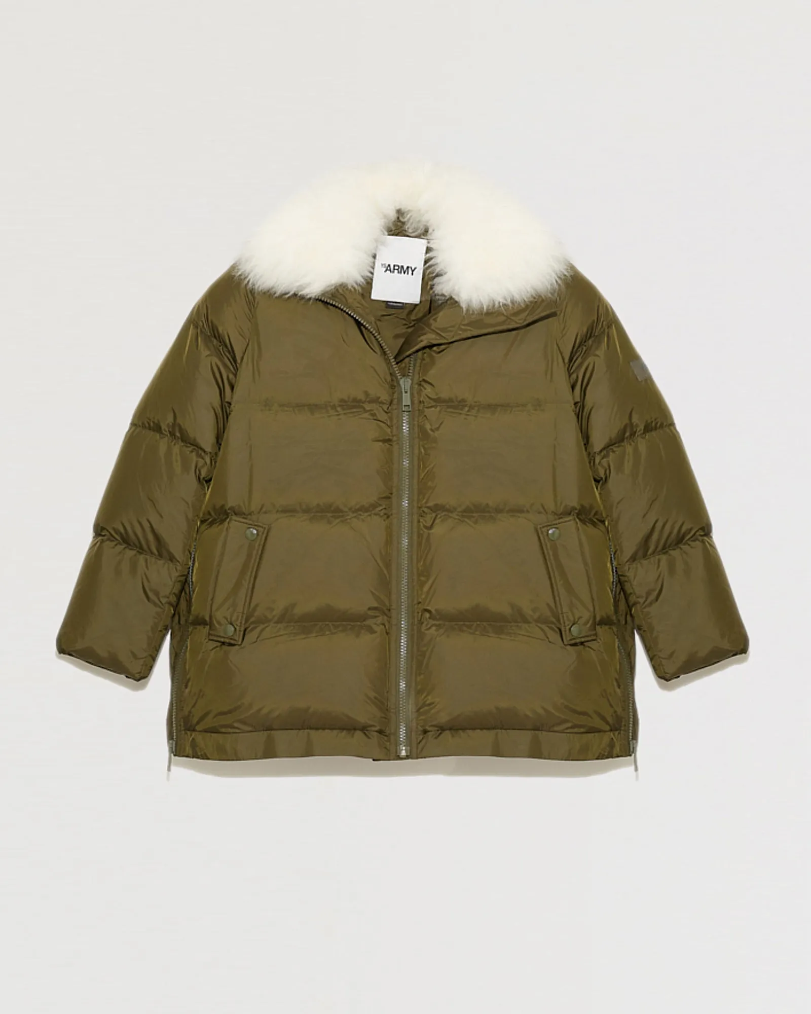 "A" line down jacket with lambskin collar in vaporous wool