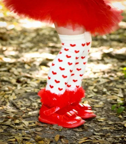 Red Hearts on White with Red Ruffles Leg Warmers, Girls