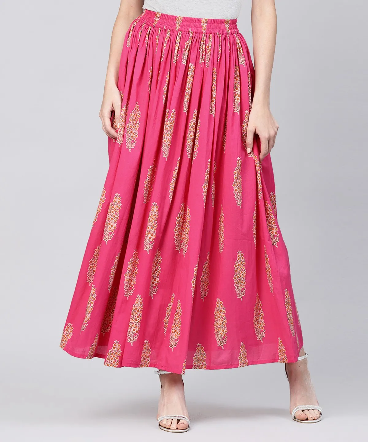 Red Printed Cotton Ankle Length Flared Skirt