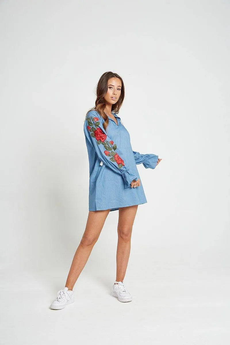 Rose Sleeve Detail Denim Dress