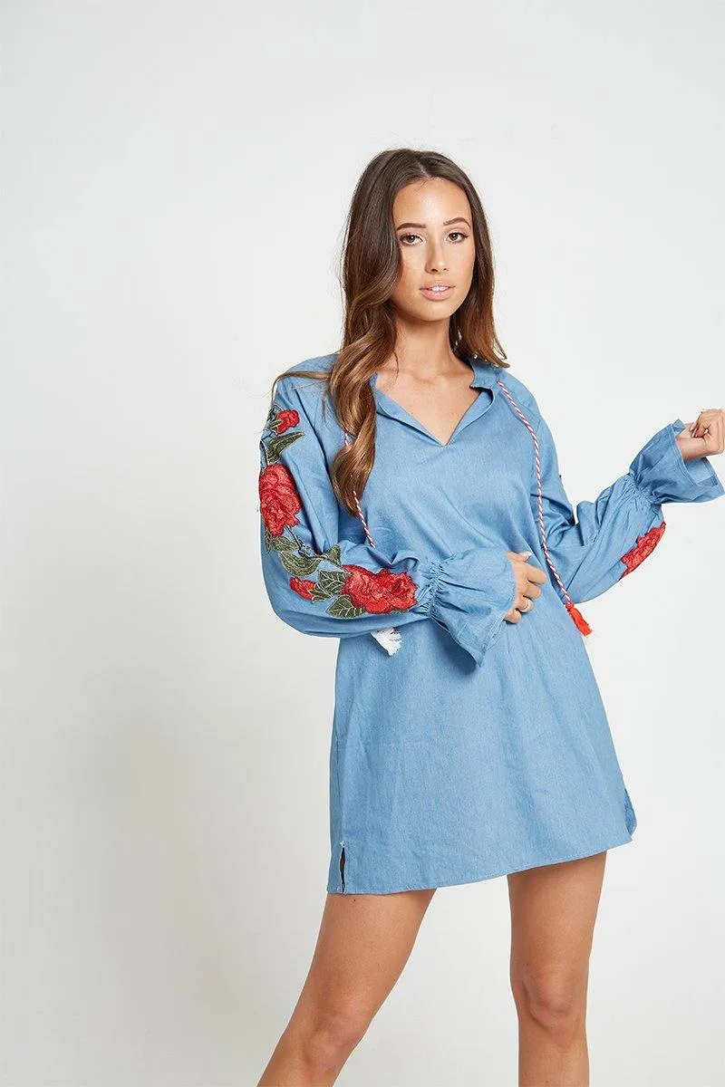 Rose Sleeve Detail Denim Dress