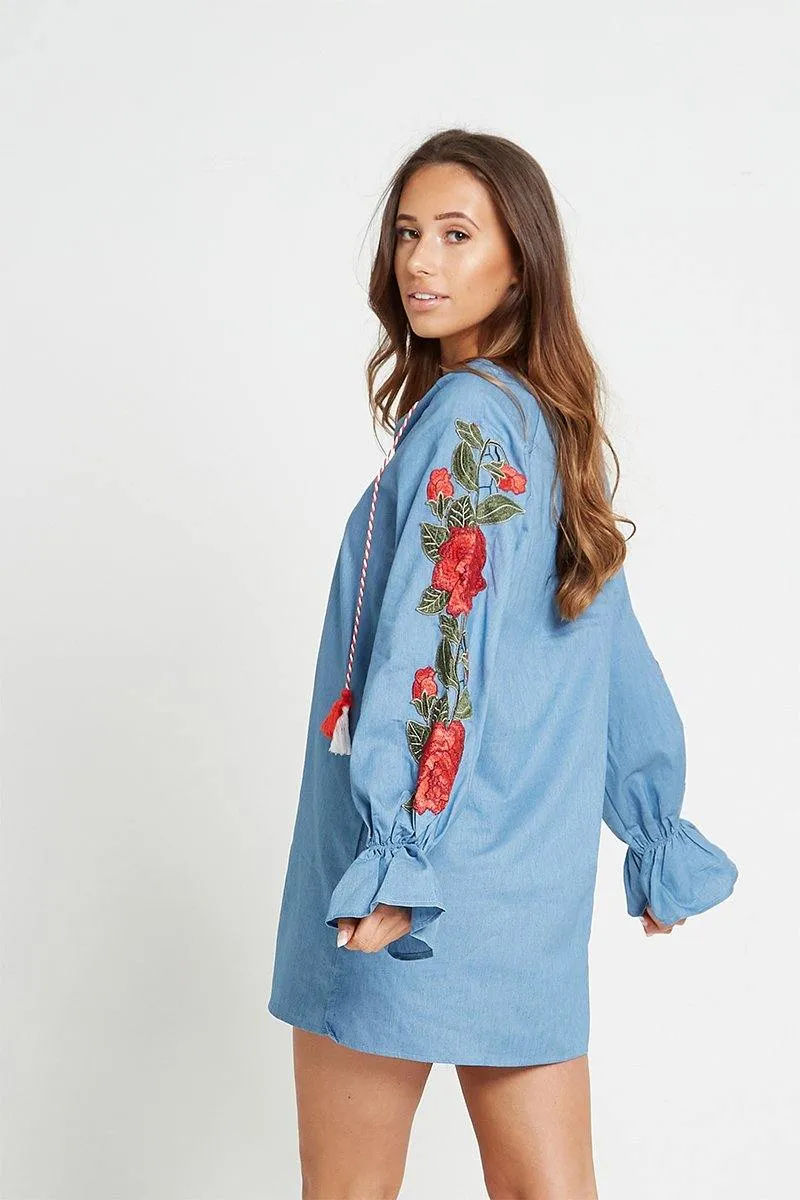 Rose Sleeve Detail Denim Dress