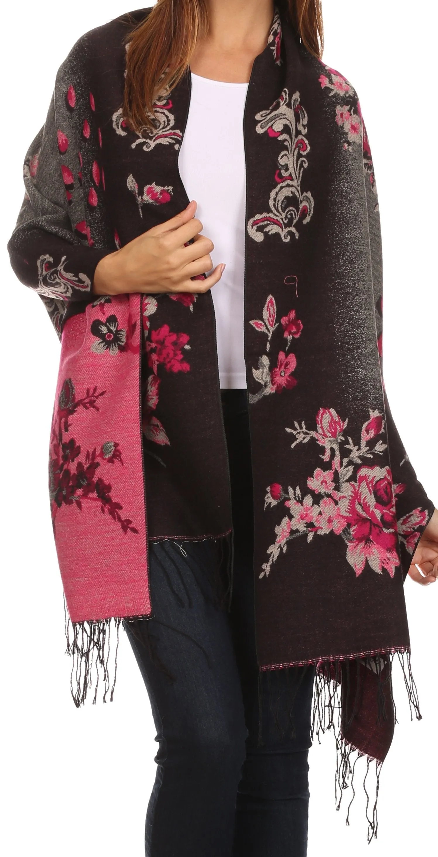 Sakkas Ontario double layer floral Pashmina/ Shawl/ Wrap/ Stole with fringe