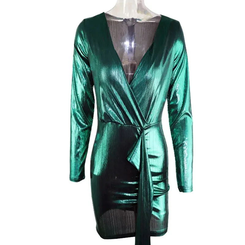 Sexy Metallic Bodycon Wrap Mini Dress