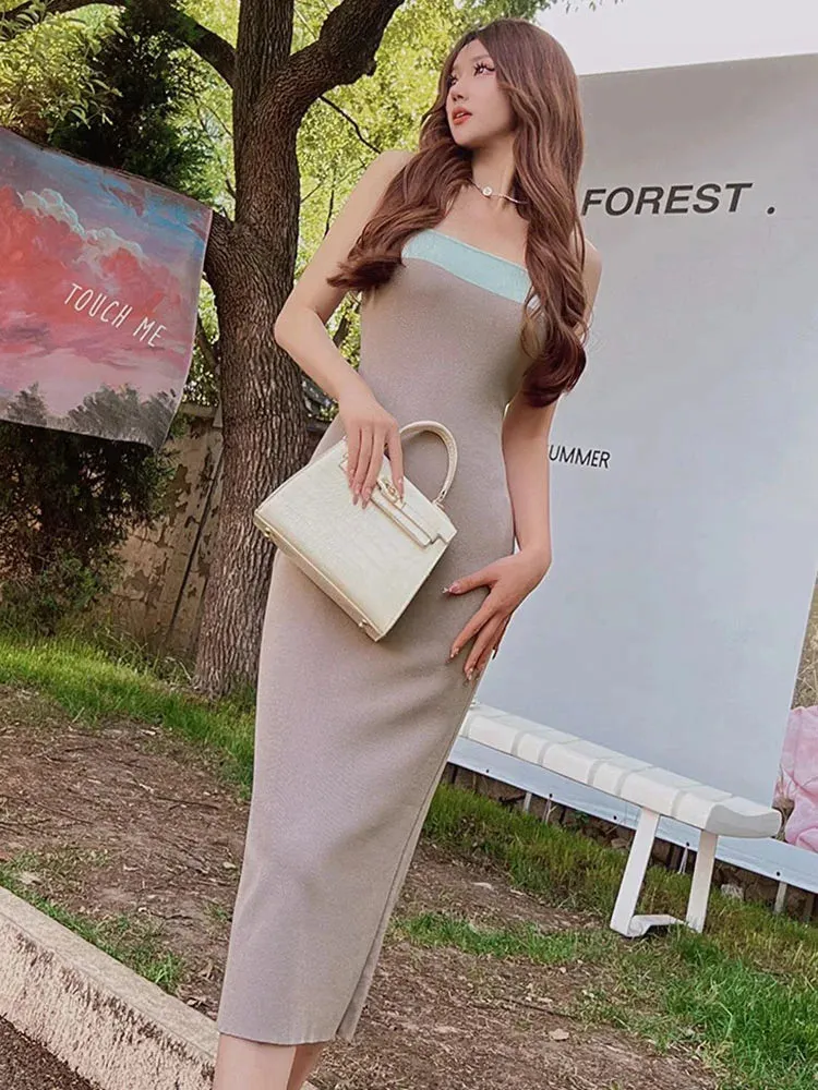 Sexy Strap Contrast Color Split Evening Dress Y2k Summer Bodycon Elegant Outfits Ladies Birthday Party Club Sundress C-077