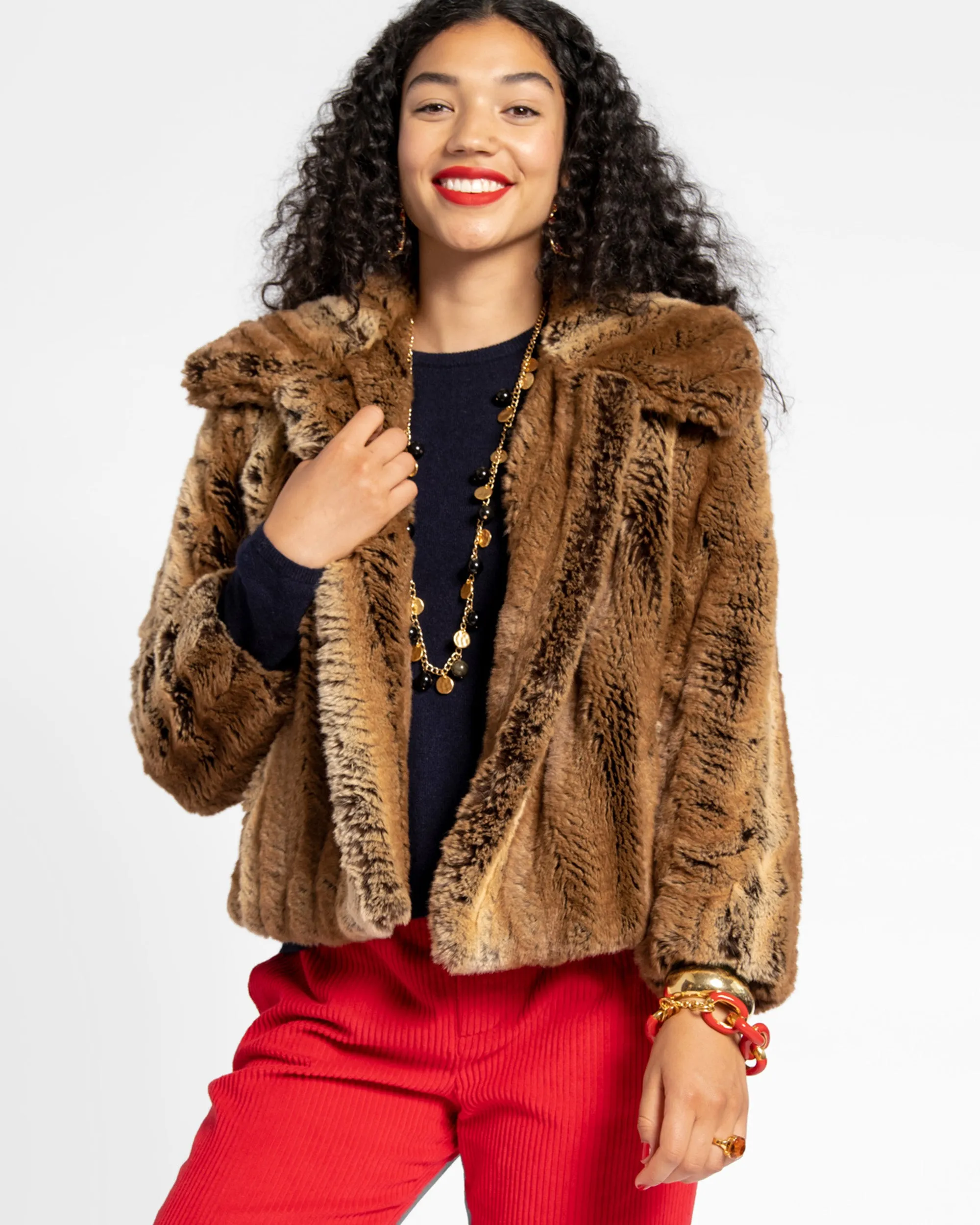 Short Faux Fur Jacket Chevron Stripe