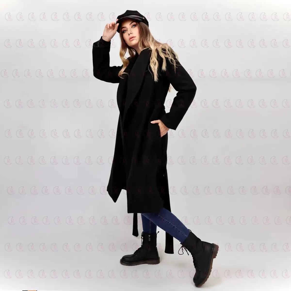 Simple Black Coat with Belt