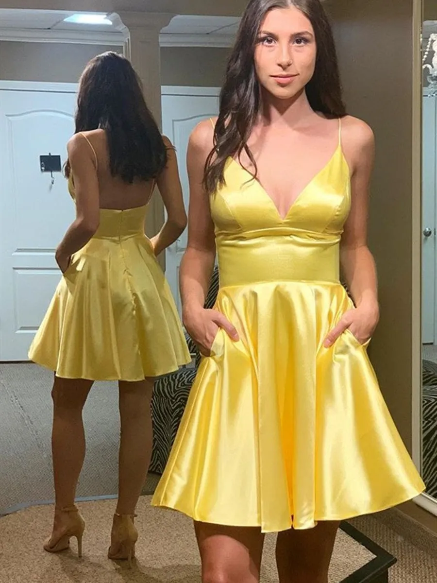 Simple V Neck Backless Yellow Satin Long Prom Homecoming, Backless Yellow Formal Graduation Evening