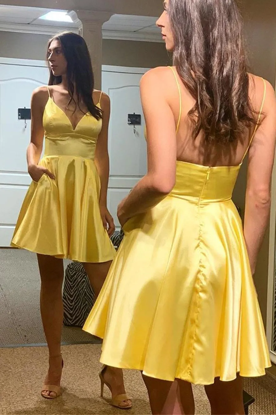 Simple V Neck Backless Yellow Satin Long Prom Homecoming, Backless Yellow Formal Graduation Evening