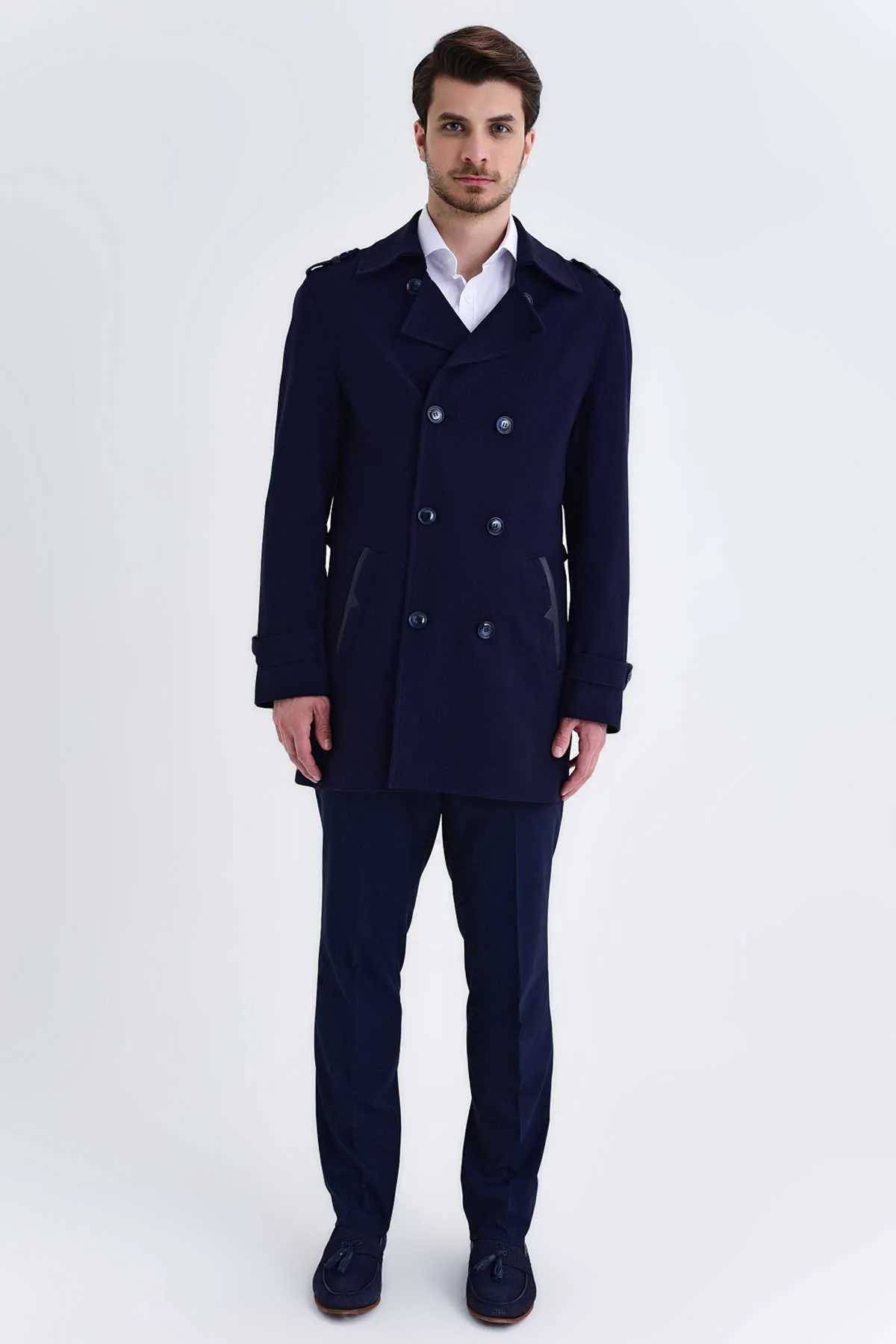 Slim Fit Notch Lapel Versus Wool Navy Long Coat, Navy