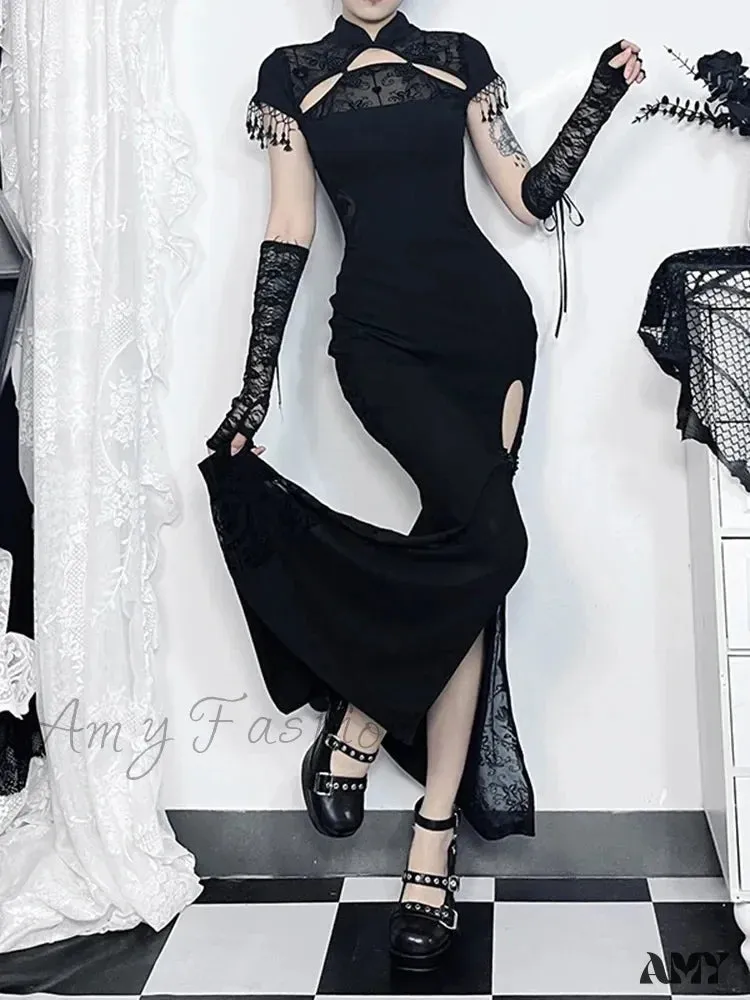 Slit Slim Long Qipao Traditional Bodycon Chinese Costumes Gothic Cheongsam Vintage Dark Dress Retro Fishtail