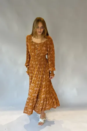 SMOCKED EARTH MIDI DRESS