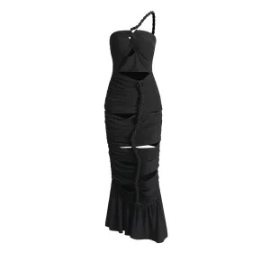 Solid Sexy Hollow Out Dress For Women Strapless Sleeveless High Waist Patchwork Drawstring Slimming Dresses Female