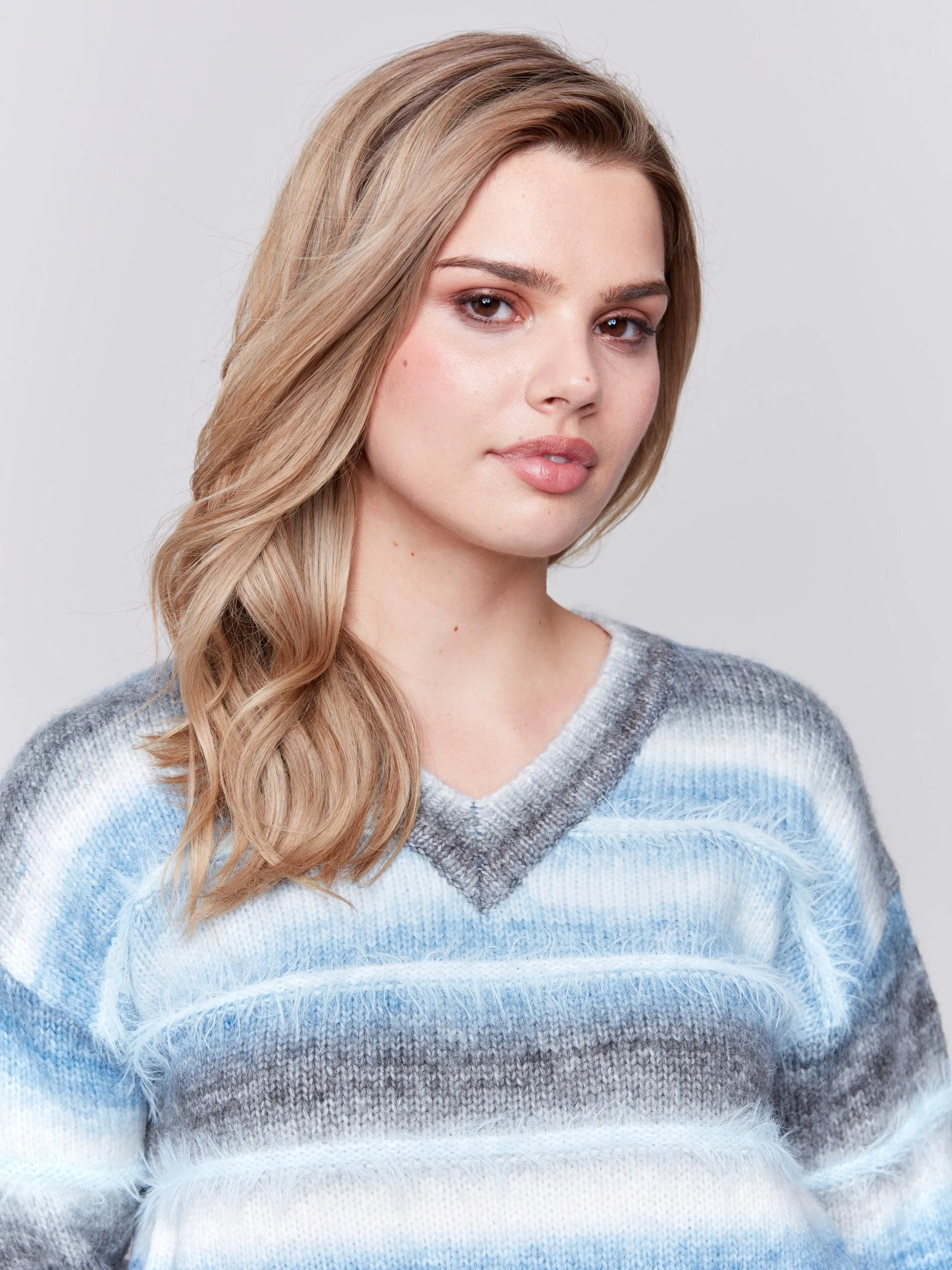 Space Dye Sweater with Striped Eyelash Yarn - Frost