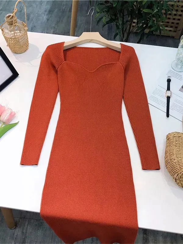 Square Neck Ribbed Thicken Warm Knitted Dresses Women Long Sleeve High Stretch Basic Bodycon Dress Streetwear C-121