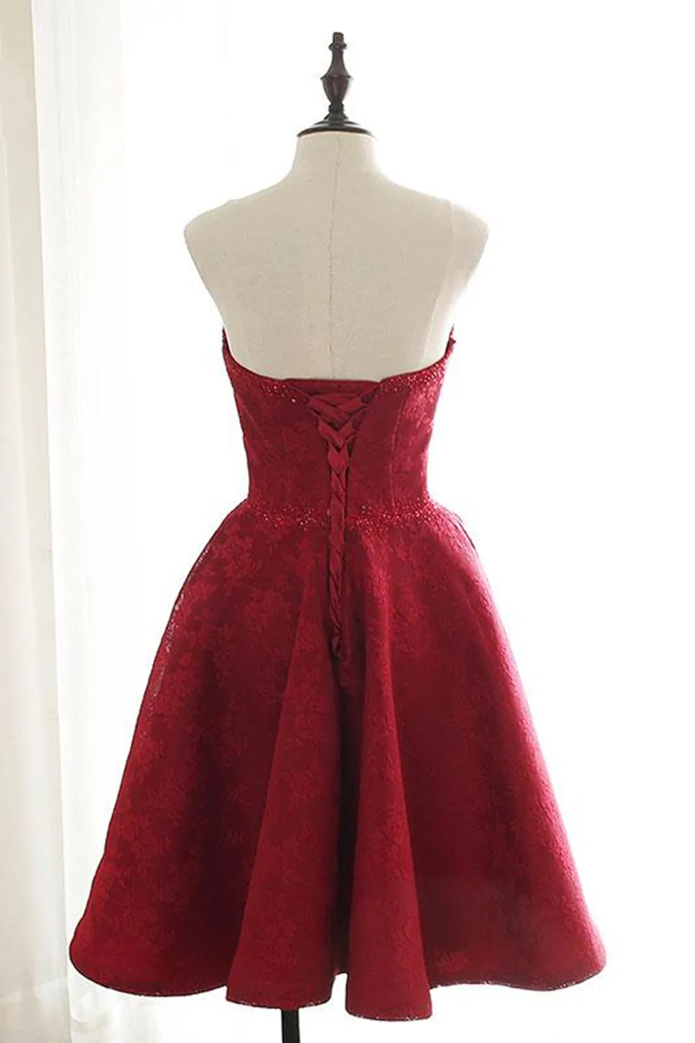 Strapless Backless Burgundy Lace Short Prom Dress, Short Burgundy Lace Homecoming Dress, Maroon Lace Formal Evening Dress