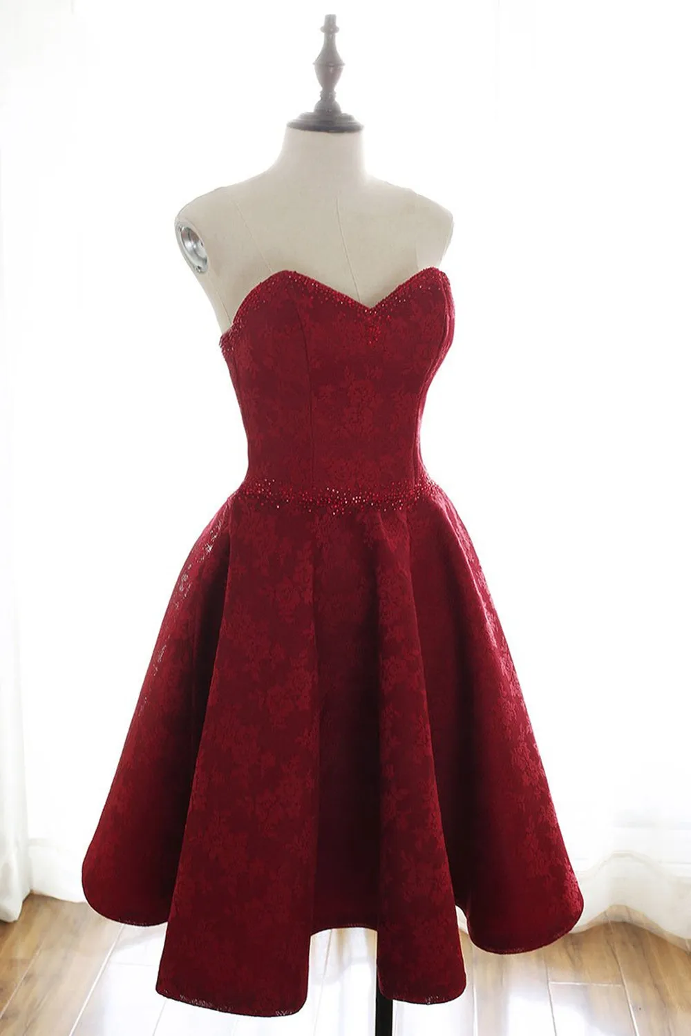 Strapless Backless Burgundy Lace Short Prom Dress, Short Burgundy Lace Homecoming Dress, Maroon Lace Formal Evening Dress