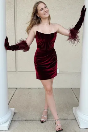 Strapless Mermaid Burgundy Velvet Short Prom Dress, Mermaid Wine Red Homecoming Dress, Burgundy Velvet Formal Evening Dress A1969