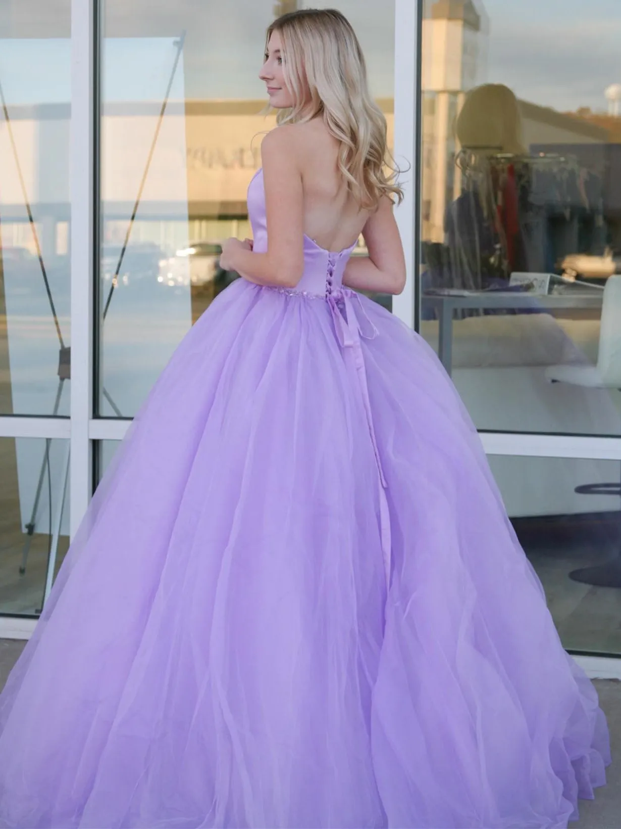 Strapless Open Back Purple Long Prom Dresses, Open Back Lavender Formal Dresses, Lilac Evening Dresses