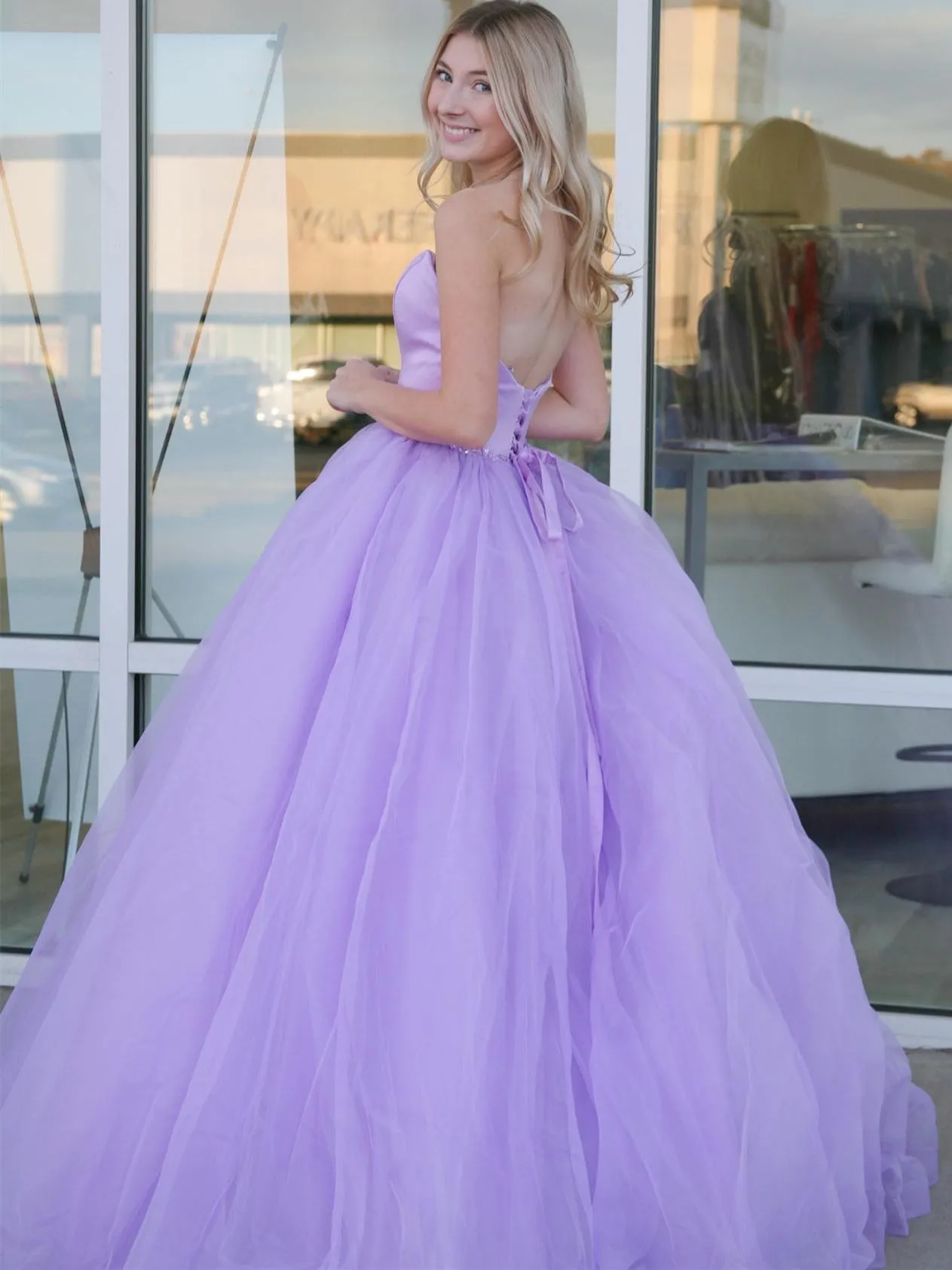 Strapless Open Back Purple Long Prom Dresses, Open Back Lavender Formal Dresses, Lilac Evening Dresses