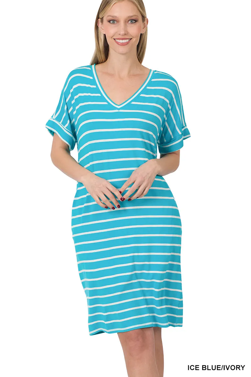 Striped V-neck Dress (Icy Blue/Ivory)