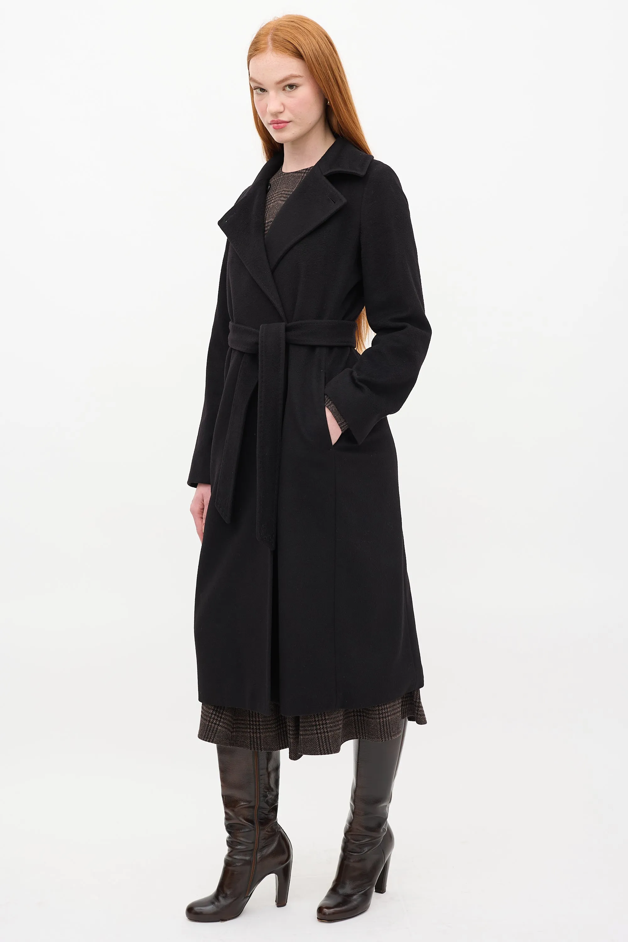 Studio Black Wool Belted Double Breasted Long Coat