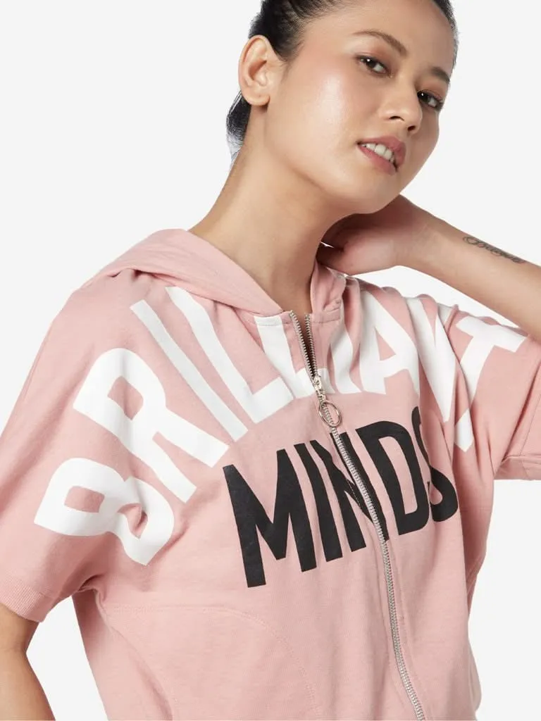 Studiofit Peach Text Print Hooded Crop Jacket