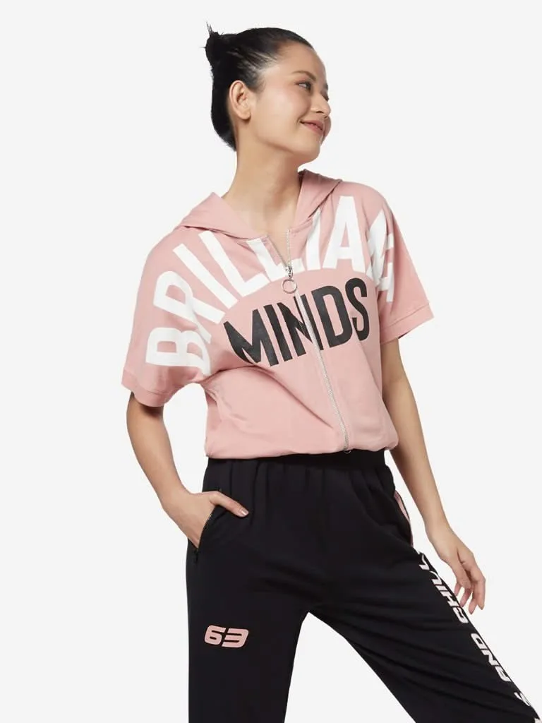 Studiofit Peach Text Print Hooded Crop Jacket