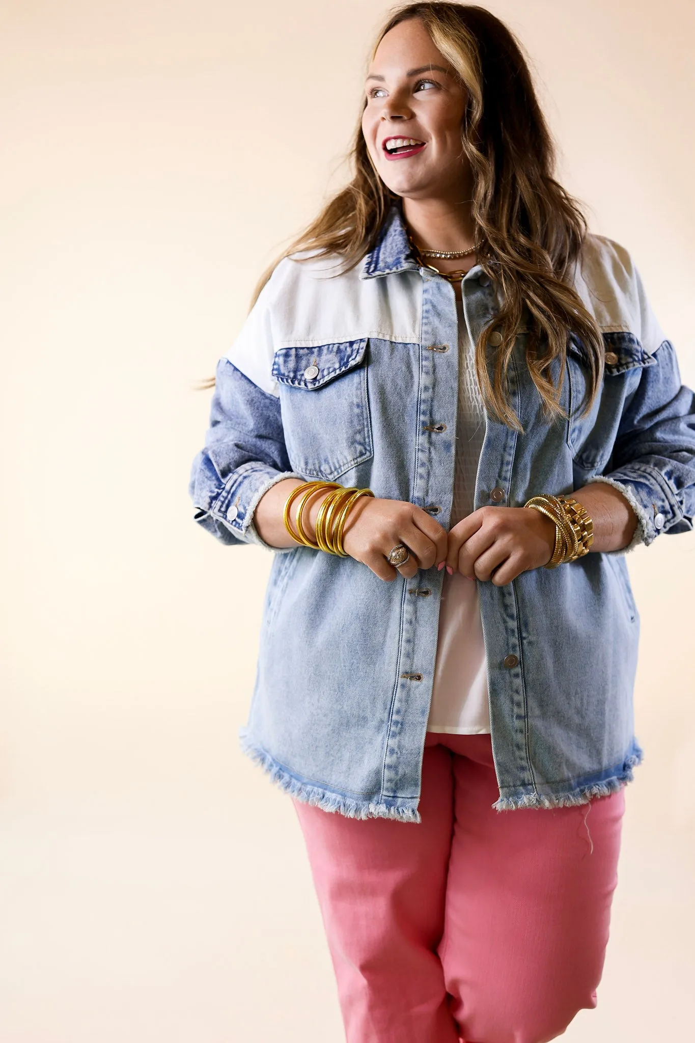 Style Mentor Color Block Button Up Jacket in Denim