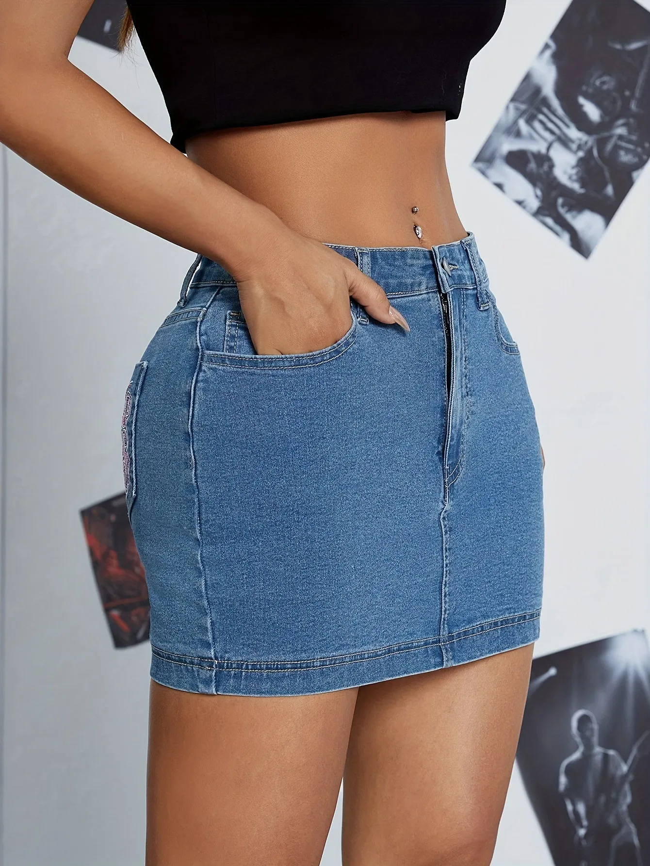 Stylish Washed Blue Mini Bodycon Denim Skirt - Women Denim Skirts - Embroidery Detail, Patch Pocket, High-Waisted, Stretchy, Comfortable, Fashionable, Classic Design