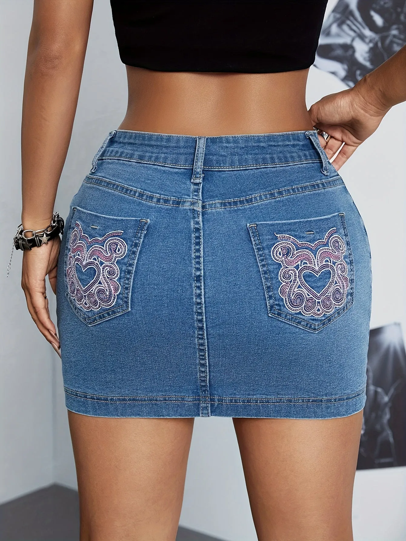 Stylish Washed Blue Mini Bodycon Denim Skirt - Women Denim Skirts - Embroidery Detail, Patch Pocket, High-Waisted, Stretchy, Comfortable, Fashionable, Classic Design