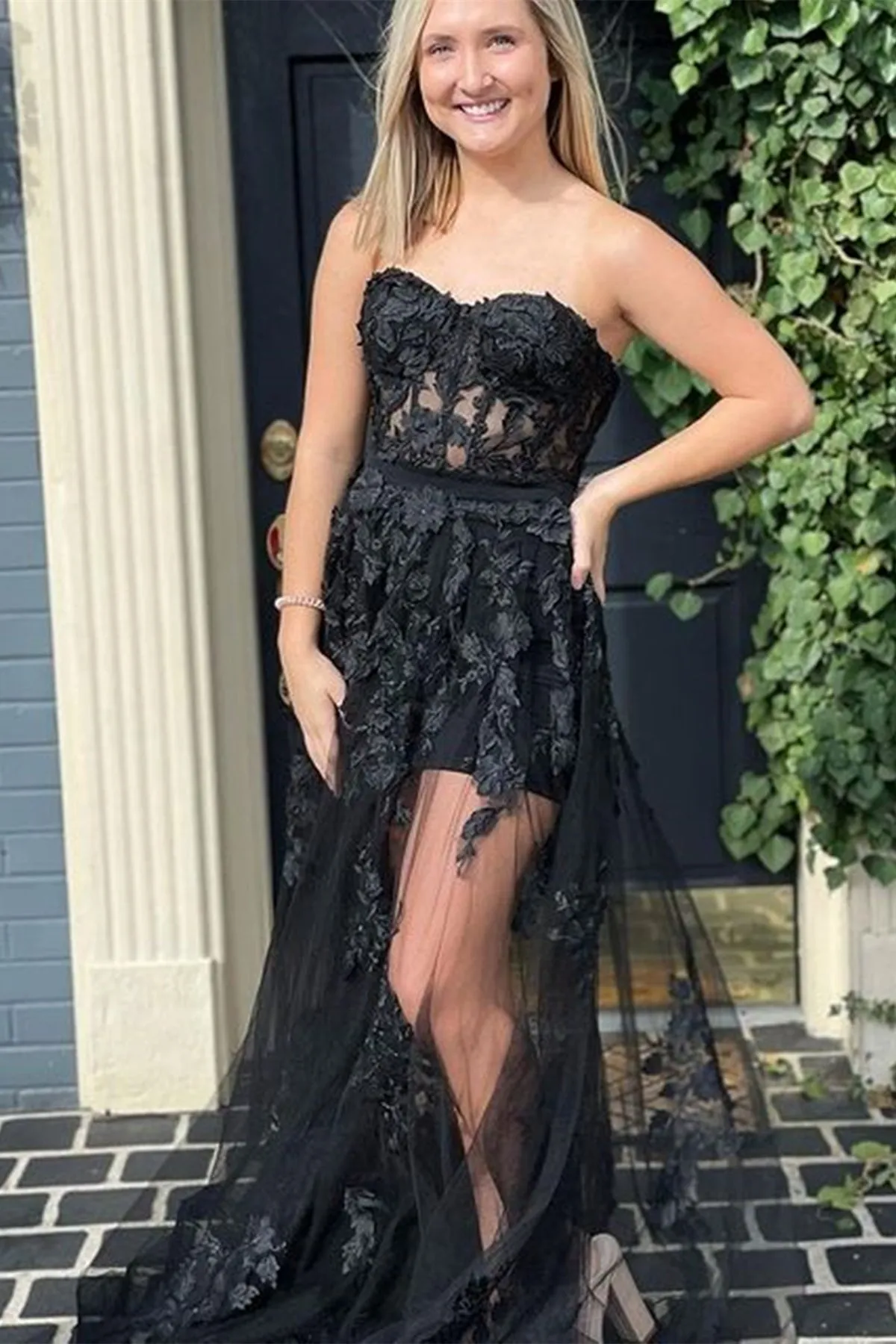 Sweetheart Neck Black Lace Long Prom Dress, Black Lace Formal Dress, Strapless Black Evening Dress A1443