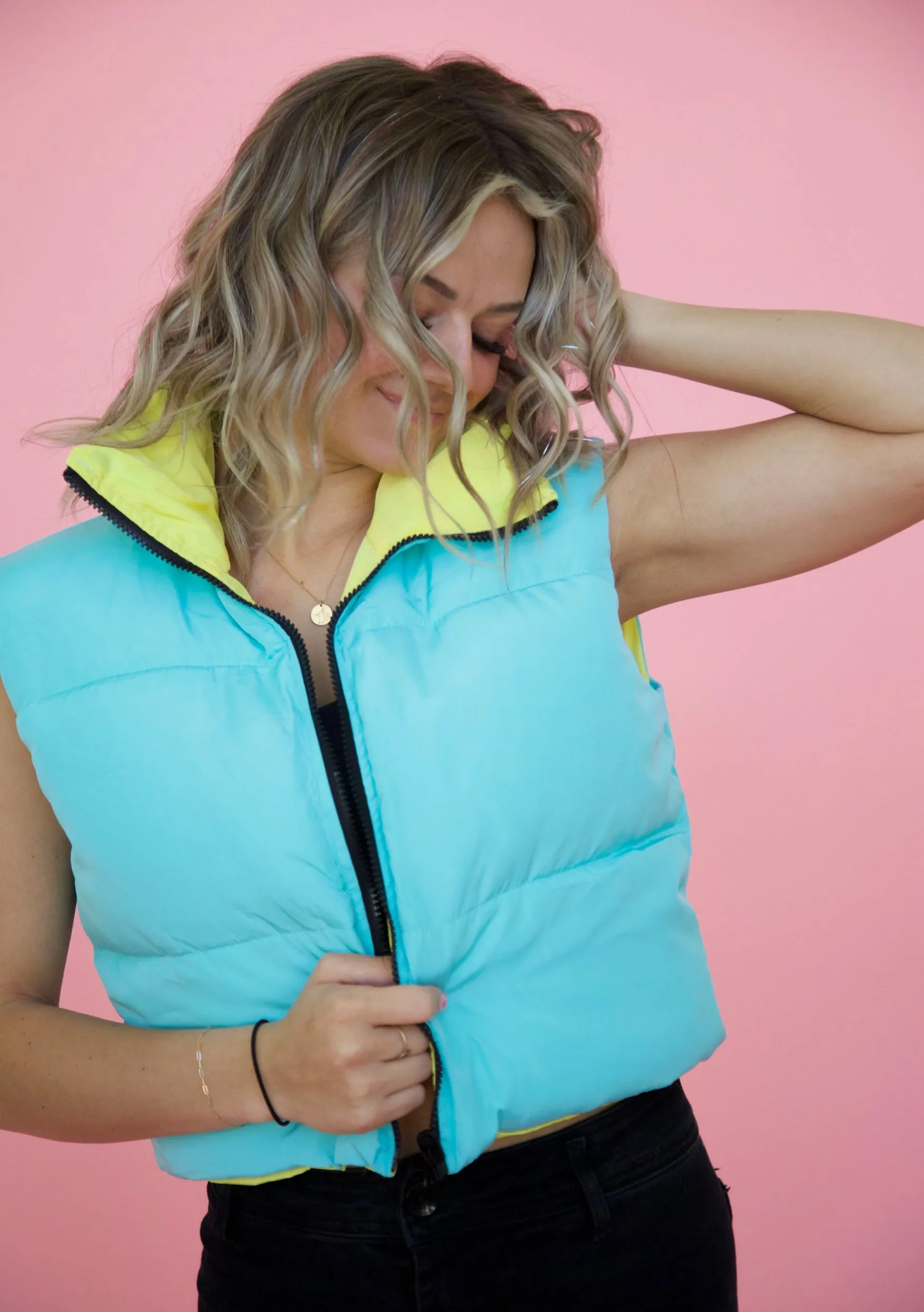 Switch the Mood Puffer Vest in Blue and Yellow