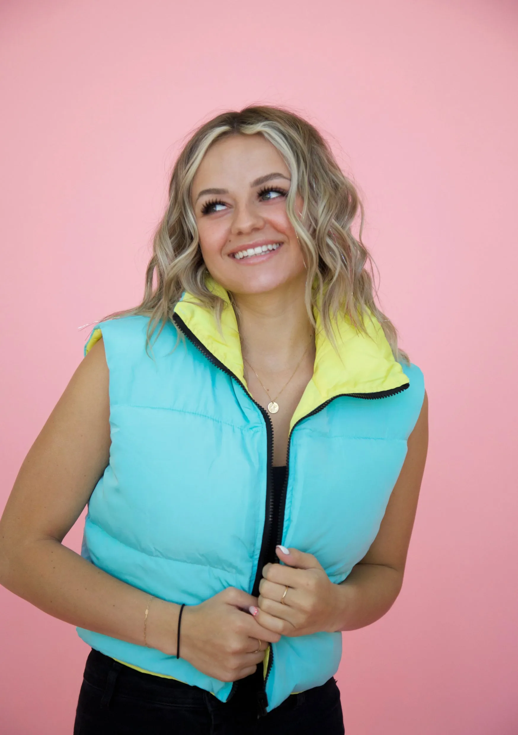 Switch the Mood Puffer Vest in Blue and Yellow