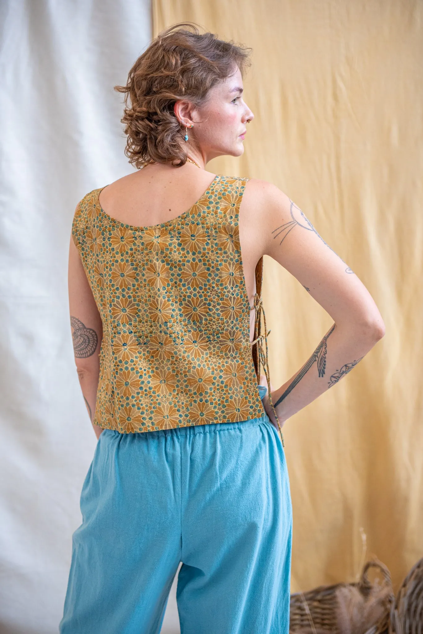 Tank Tie Top Ajrakh Turmeric Tile Print