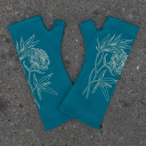 Teal peony printed merino fingerless gloves