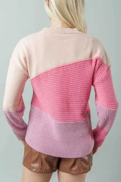 TEEK - Pink VJ Color Block Sweater