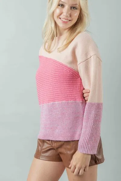 TEEK - Pink VJ Color Block Sweater