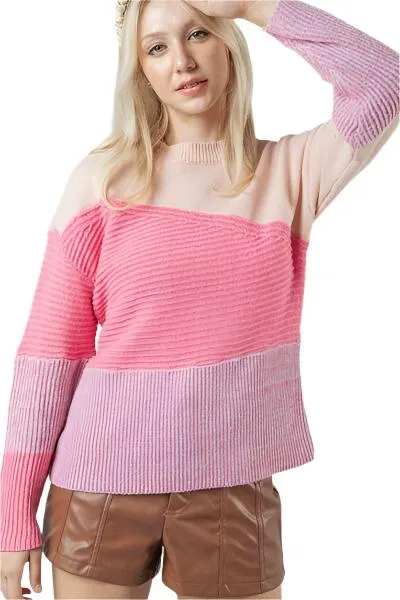 TEEK - Pink VJ Color Block Sweater