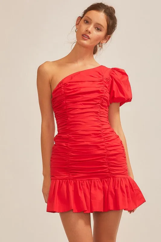 Tomato Red Puff Sleeve Ruffle Mini Shirring Dress