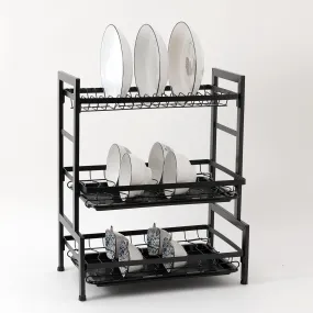 UMAI Free Mounting Dish Rack 3-Layer | Kitchen Utensil Organizer with Drain Pan | Multi-Purpose Storage | Strong and Durable Stainless Steel Construction | Space Saving Design (Black)